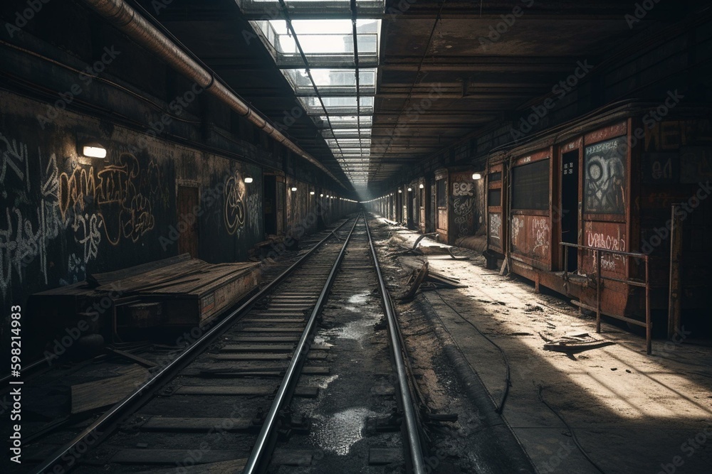 Old, deserted subway with tracks inducing dread. Generative AI
