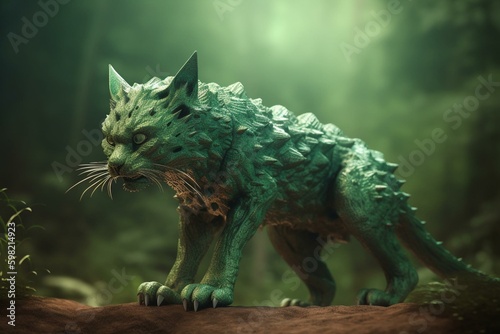 An impressive green fantasy creature resembling a prehistoric cat. Gradual background. 3D render. Generative AI