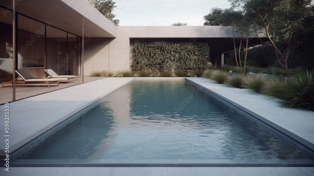 Minimalist pool design with clean lines and minimal landscaping. AI generated
