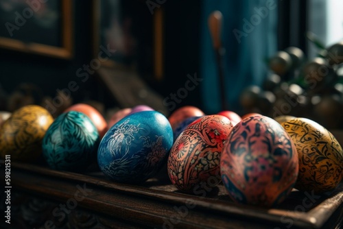 Vibrant Easter eggs in close-up. Generative AI