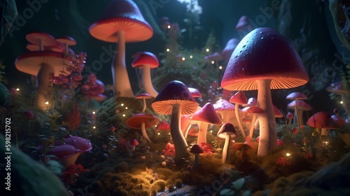 Surreal psychedelic landscape. fantastic mushrooms © Alex Bur
