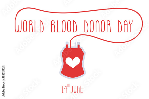 World blood donor day. Words and a bag with tubes and a label. Postcard, banner.Vector design. Color urasky, black