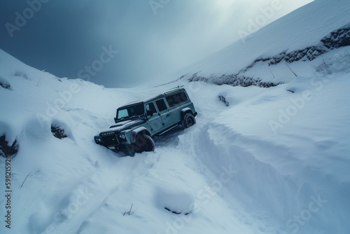 Vehicle stuck in snow-filled gully. Generative AI © Elodie