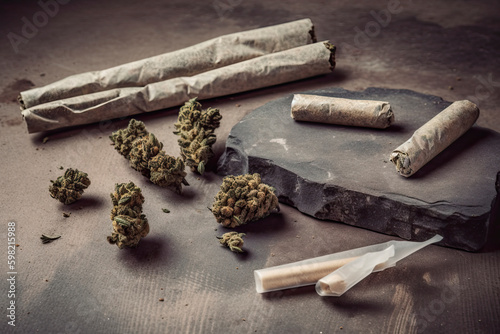 marijuana joints and buds on a stone table