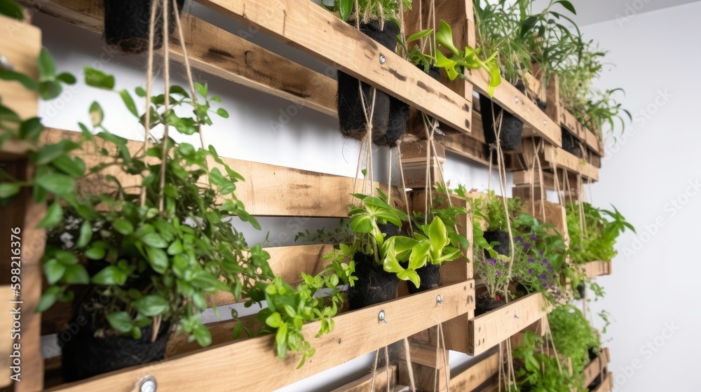 Recycled pallets with hanging plants creating a vertical garden on a plain white backdrop. AI generated