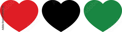 Red, black and green colored heart shape icon as the colors of the Pan-African flag. For Juneteenth and Black History Month. Flat design illustration.