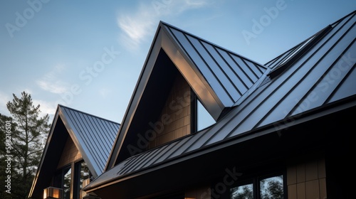 Sharp, angular rooflines with a sleek metal finish. AI generated photo