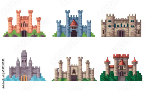 vector set pixel illustration in cartoon style protected concept knightly castle Generative AI