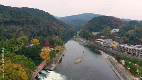 Aerial view 4k by drone of river in Uji City, Kyoto, Japan. photo
