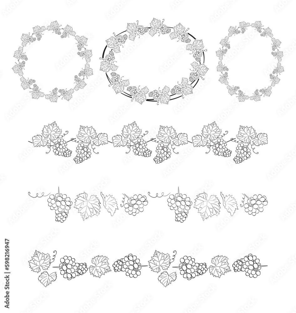 set of frames and seamless borders with grape - vector decorative ornament