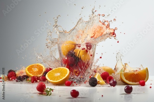 Fruit and beverage splattered on white. Generative AI