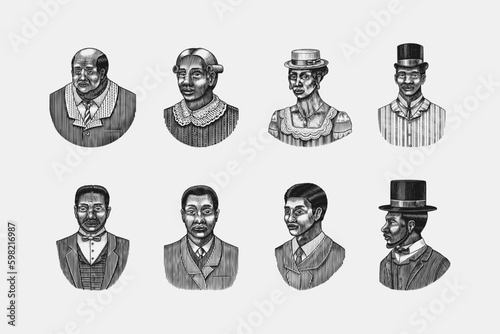 Elegant man. Male face. Afro american gentlemen. Victorian era. Fashion and clothes. Businessman in suit. Hand drawn Old sketch. Vintage engraved illustration.  Generative AI