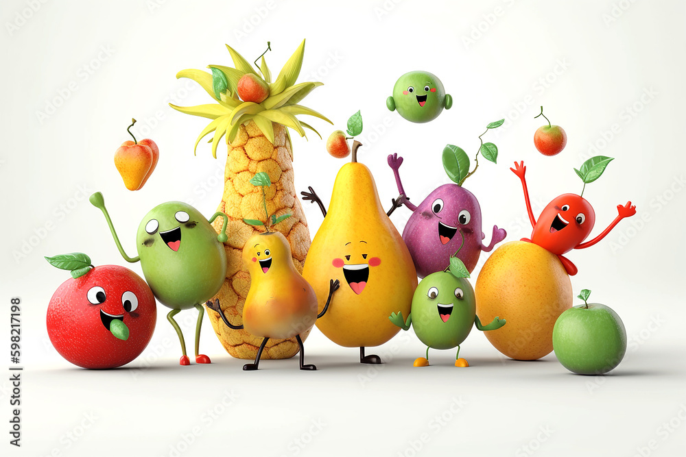 Colorful smiling fruits and vegetables dancing on white background. Generative AI. Colorful smiling fruits and vegetables dancing on white background. Generative AI.