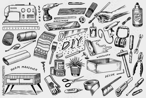DIY icons. Hardware Shop concept. Glue, wood planks, sewing machine. Tools or instruments for home renovation. Banner poster template. Do it yourself. Engraved doodle vintage sketch hand Generative AI