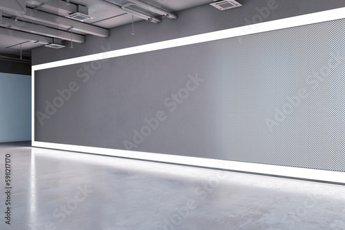 Clean dark grunge concrete exhibition hall interior with mock up place on walls. 3D Rendering.