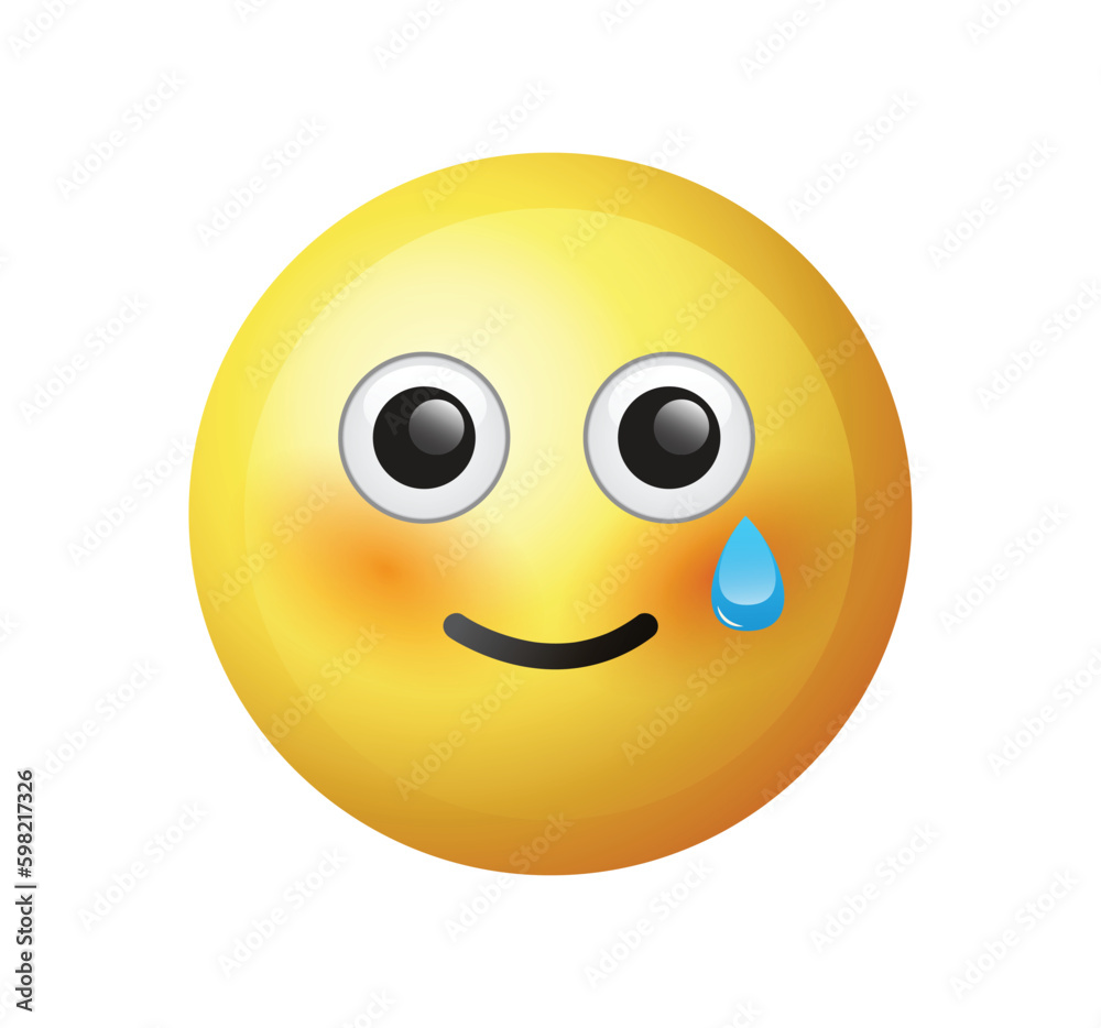 High quality emoticon vector illustration on white background. Emoji smiling. Yellow face smiling with teardrop.