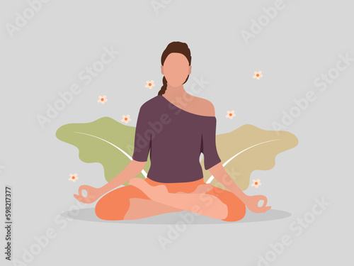 Healthy mentality and self care illustration. Happy woman feel confident, relax, accept and love herself. Vector illustration.