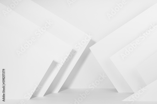 Fototapeta Naklejka Na Ścianę i Meble -  Abstract white stage with pattern of stripes, corners of paper in hard light, shadow in minimal urban contemporary style, scene mockup for advertising, design, presentation cosmetics products, goods.