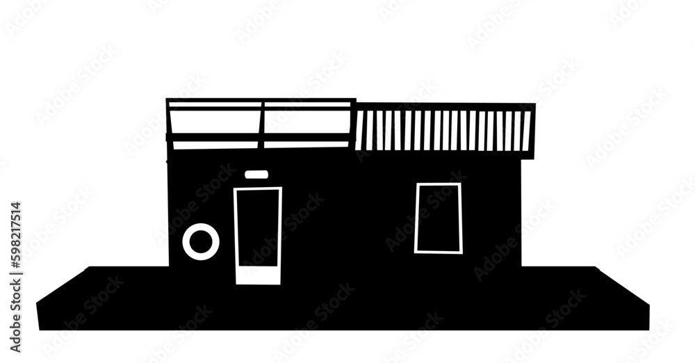 Floating house. Silhouette design. Dwelling with small courtyard on water. Isolated on white background. illustration vector. Generative AI Floating house. Silhouette design. Dwelling with small courtyard on water. Isolated on white background. illustration vector. Generative AI