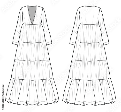 Women v neck maxi dress technical flat drawing vector template.