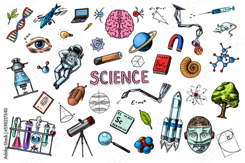 Science banner. Engraved hand drawn in old sketch and vintage style. Astronaut and rocket. Scientific formulas and calculations in physics and mathematics and biology or astronomy on Generative AI