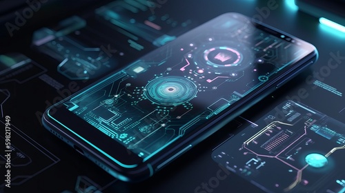 Vector futuristic mobile technology Ultra realistic, highly detail, VFX, CGI, 4K, modern mobile phone, mobile phone on the table, mobile phone on the screen, Generative AI