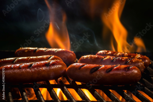 Grilled sausages. Hot grill with fire. AI Generated