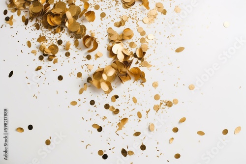 Gold confetti on white backdrop creates a festive and glittery atmosphere in this top-down view. Perfect for parties and the holidays. Generative AI