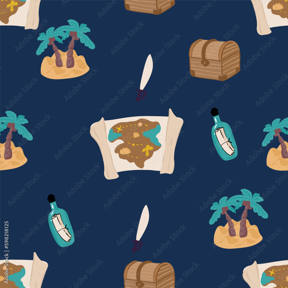 Seamless pattern with cute kid boy pirate. Cartoon child holding sword ...