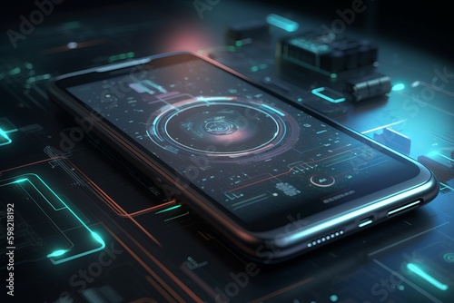 Vector futuristic mobile technology Ultra realistic, highly detail, VFX, CGI, 4K, modern mobile phone, mobile phone on the table, mobile phone on the screen, phone on blue background, Generative AI
