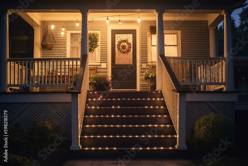 An illuminated front porch of a house with lockbox on steps railing at evening. Generative AI