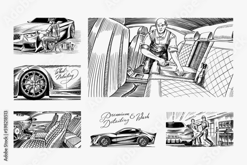 leather car seat. Auto detailing. Dry cleaning motor. Wrapping Specialist Putting Vinyl Foil Film. Vehicle service or Automobile center. A man vacuuming the interior. Hand drawn sketch Generative AI