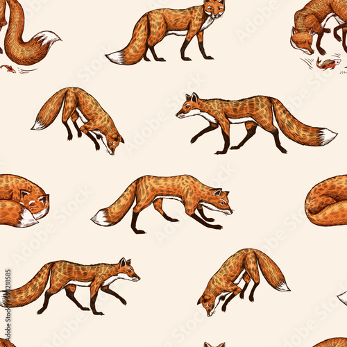 Wild red fox seamless pattern. Forest ginger animal flying and jumping. Vector Engraved hand drawn Vintage sketch for label or poster. Generative AI