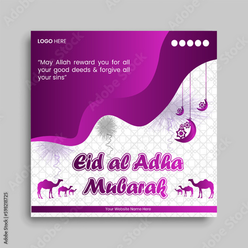 Eid al adha post greeting template design with pattern,  camel, fireworks, moon and star