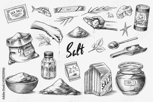 Sea salt set. Glass bottles, packaging and and leaves, wooden spoons, powdered powder, spice in the hand. Vintage background banner. Engraved hand drawn sketch. Generative AI