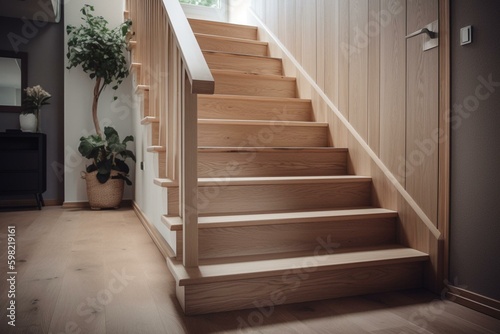 Contemporary wooden stairs from natural ash in new home. Generative AI © Niamh