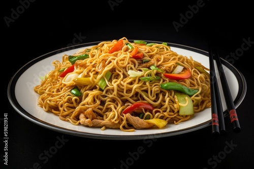 Chicken Chow Mein, Chinese Cuisine on White Plate. Generative AI