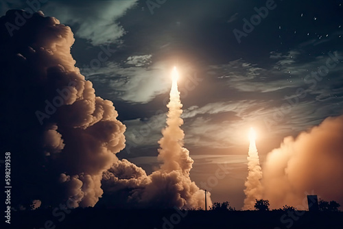 Rocket launch with fire clouds. Nuclear Missiles With Warhead Aimed at Gloomy Sky at night
