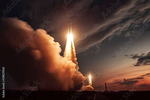 Rocket launch with fire clouds. Nuclear Missiles With Warhead Aimed at Gloomy Sky at night