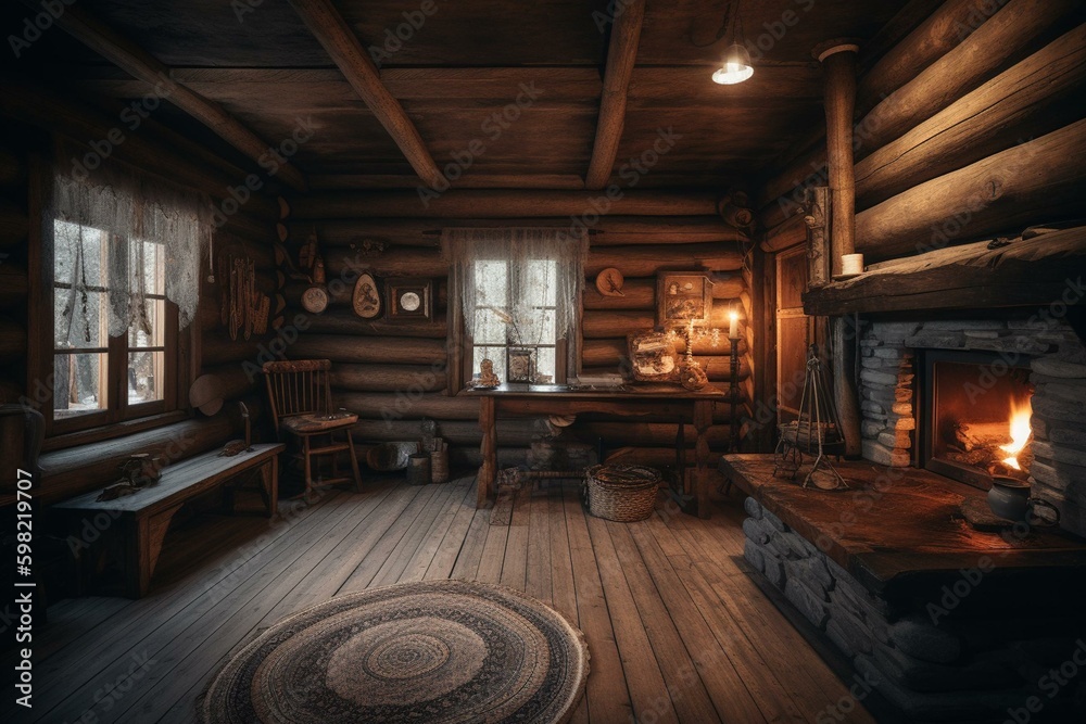 Cozy winter cabin interior with fireplace - art. Generative AI
