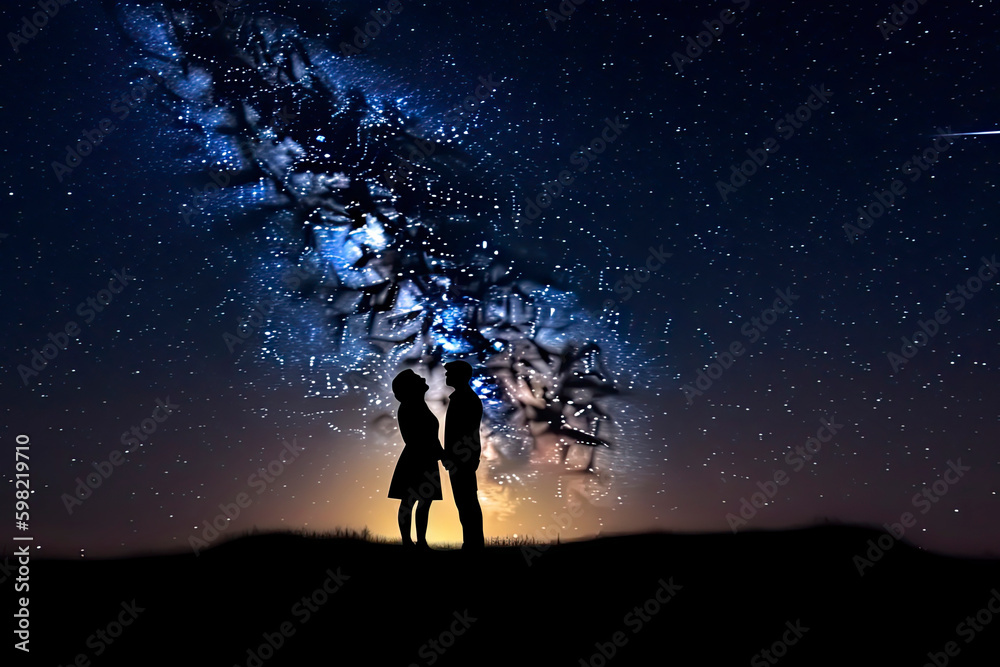 Fototapeta premium Silhouette of a romantic young couple with the man proposing at night against beautiful starry sky