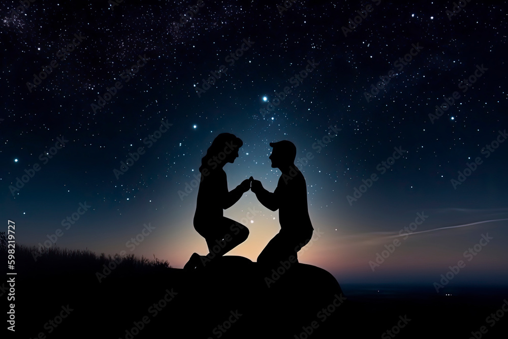 Silhouette of a romantic young couple with the man proposing at night against beautiful starry sky