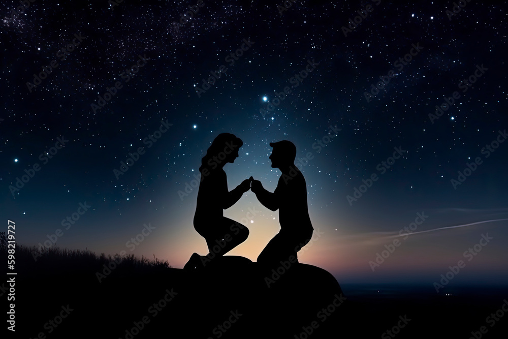 Silhouette of a romantic young couple with the man proposing at night against beautiful starry sky Silhouette of a romantic young couple with the man proposing at night against beautiful starry sky