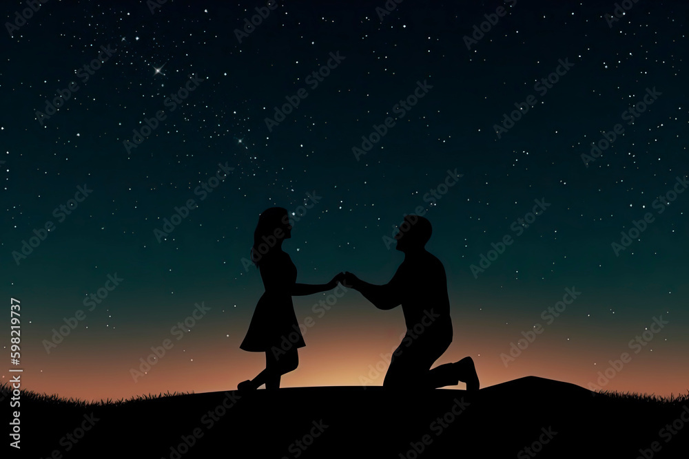 Silhouette of a romantic young couple with the man proposing at night against beautiful starry sky