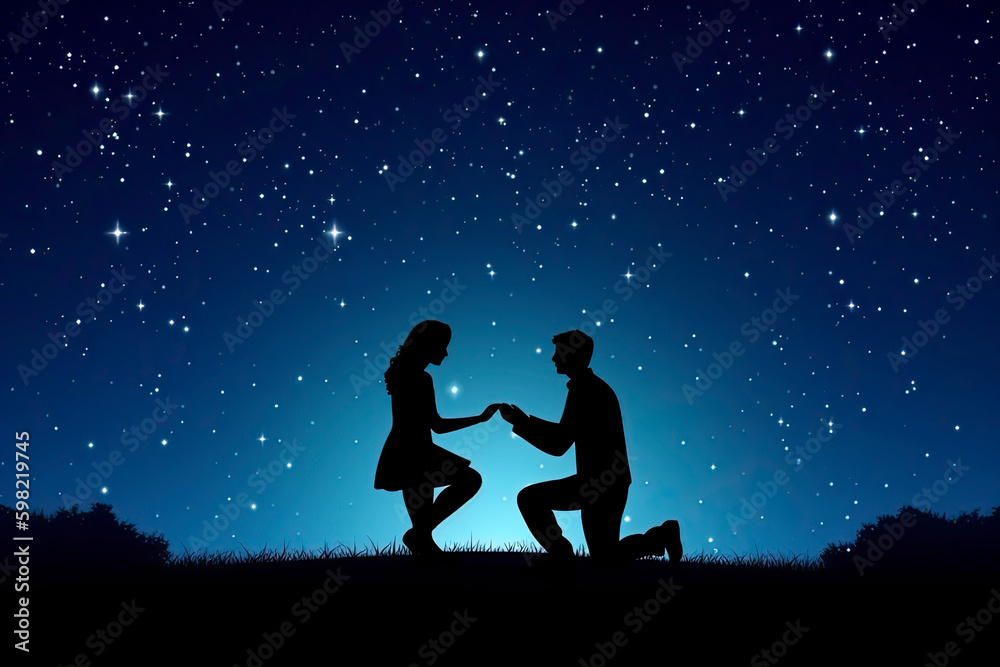 Silhouette of a romantic young couple with the man proposing at night against beautiful starry sky Silhouette of a romantic young couple with the man proposing at night against beautiful starry sky