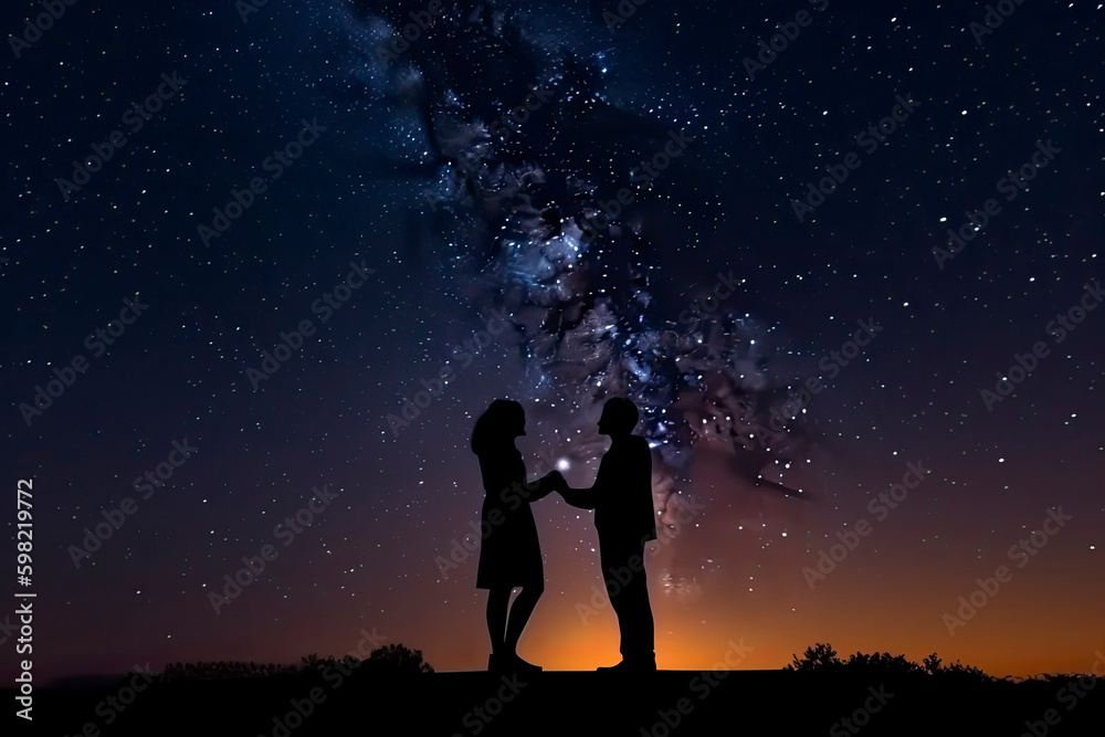 Fototapeta premium Silhouette of a romantic young couple with the man proposing at night against beautiful starry sky