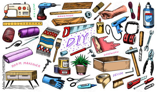 DIY icons. Hardware Shop concept. Glue, wood planks, sewing machine. Tools or instruments for home renovation. Banner poster template. Do it yourself. Engraved doodle vintage sketch hand Generative AI