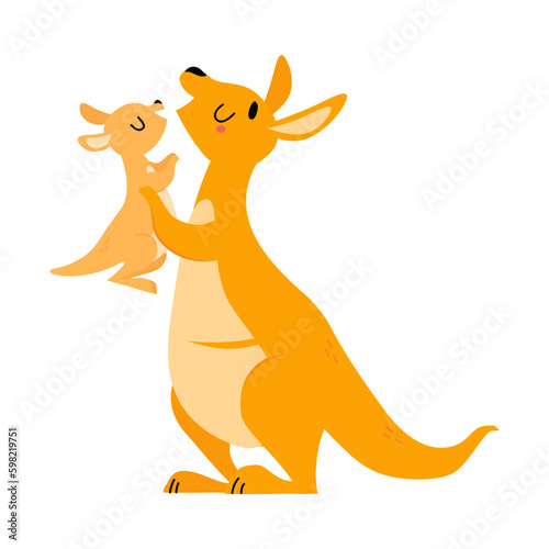 Cute Brown Kangaroo Marsupial Character with Joey Holding with Paws Vector Illustration © topvectors