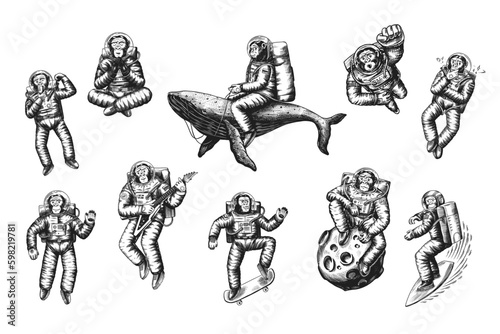 Monkey astronaut with whale, guitar, skateboard and moon. Chimpanzee spaceman cosmonaut characters set. Astronomical galaxy space. Funny cosmonaut explore adventure.Hand drawn old sketch Generative AI