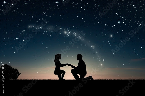 Silhouette of a romantic young couple with the man proposing at night against beautiful starry sky